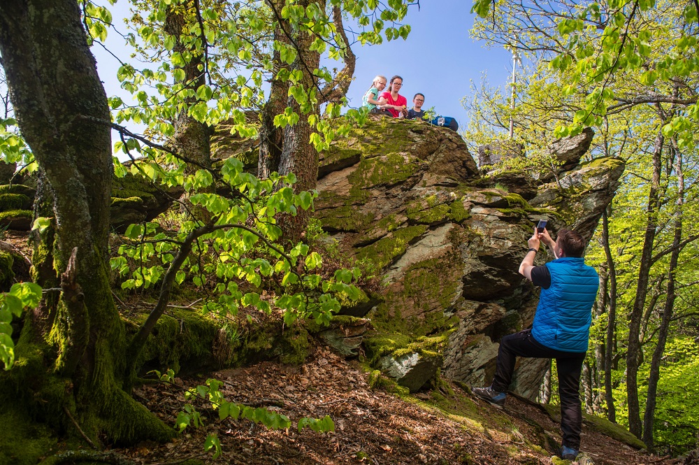 Familie auf einem Fels im Wald lässt sich fotografieren.